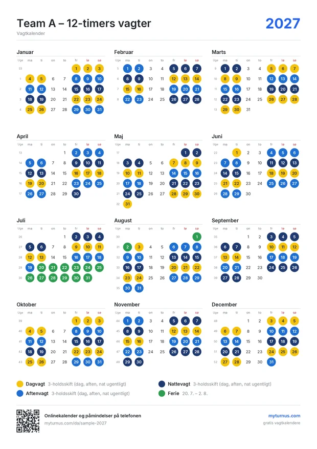 Eksempel på en printet vagtkalender