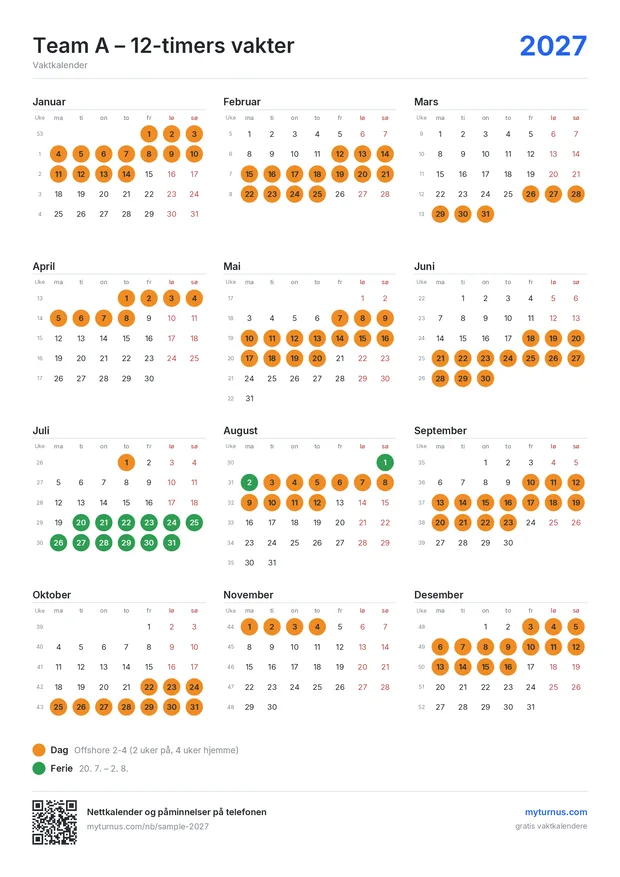 Eksempel på en utskrevet vaktkalender