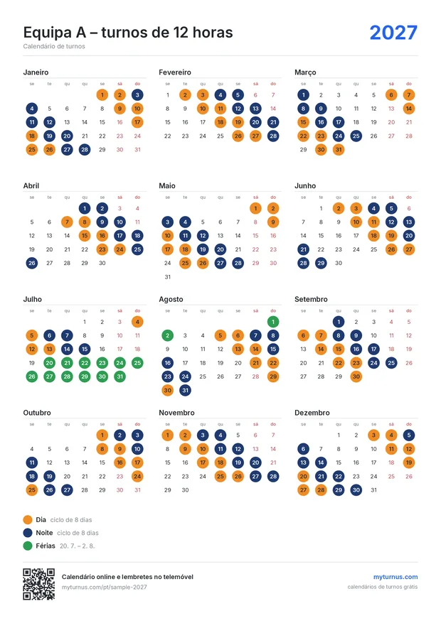 Exemplo de um calendário de turnos impresso